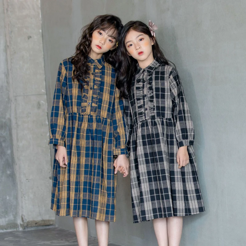 

Autumn Baby Girl's Ruched Plaid Print Dress Children Long Sleeve England Style Dress for Teenage Sisters Twins Casual Clothes