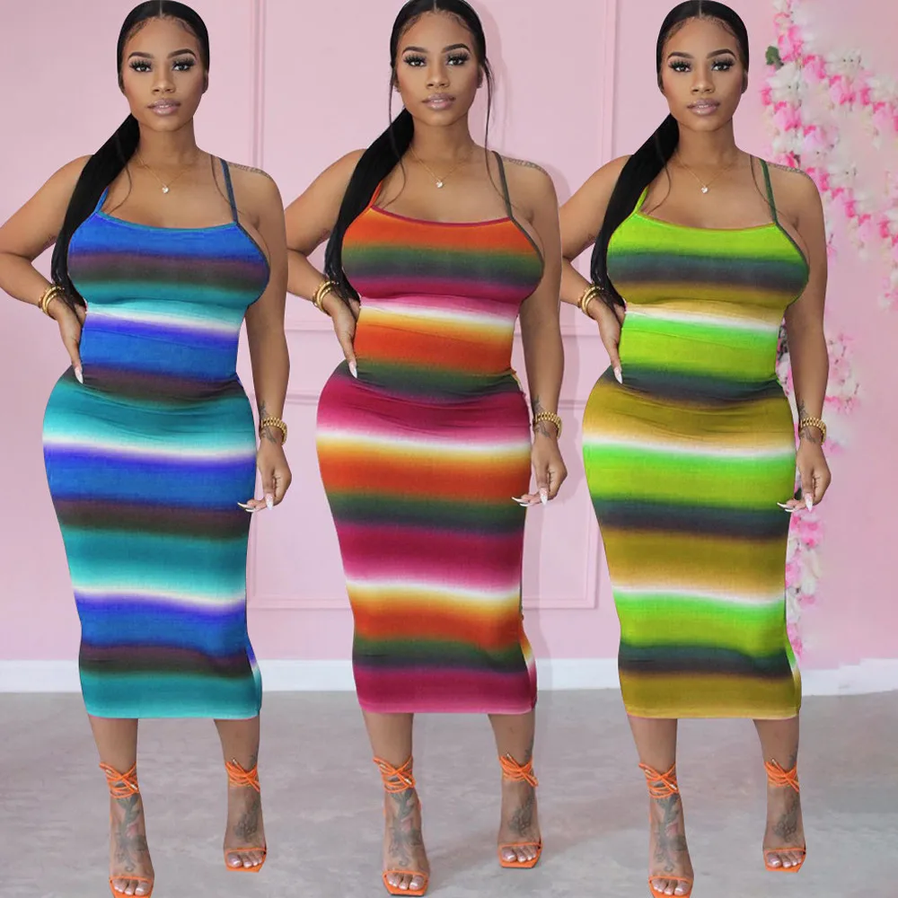 С радужным принтом спагетти ремень длинное платье женская одежда со стильным
