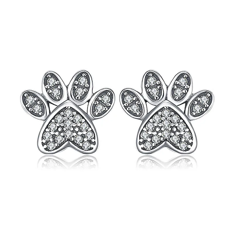 

Boho Female White Crystal Stone Earrings Charm Silver Color Wedding Earrings Minimalist Cat Paw Small Stud Earrings For Women