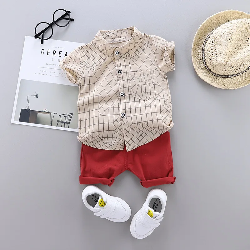New baby clothes summer cotton short-sleeved shorts two-piece boy striped plaid print shirt casual suit |