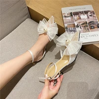 womens sandals 2021 sweet pointed toe mesh bowknot pearl decoration cloth buckle hollow summer stiletto high heels