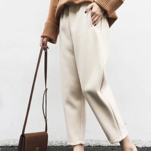 Элегантные зимние шерстяные женские шаровары дамские утепленные теплые штаны