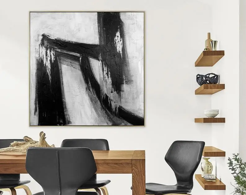 

Silver Leaf Painting Abstract Modern Art Black and White Artworks on Canvas Oversize Painting Wall Art Large Canvas Painting