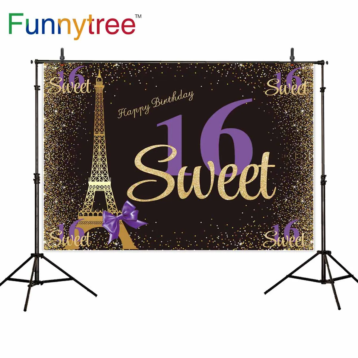 

Funnytree photography studio photo background Gold sweet Eiffel tower 16 custom shinny birthday photocall photozone photophone