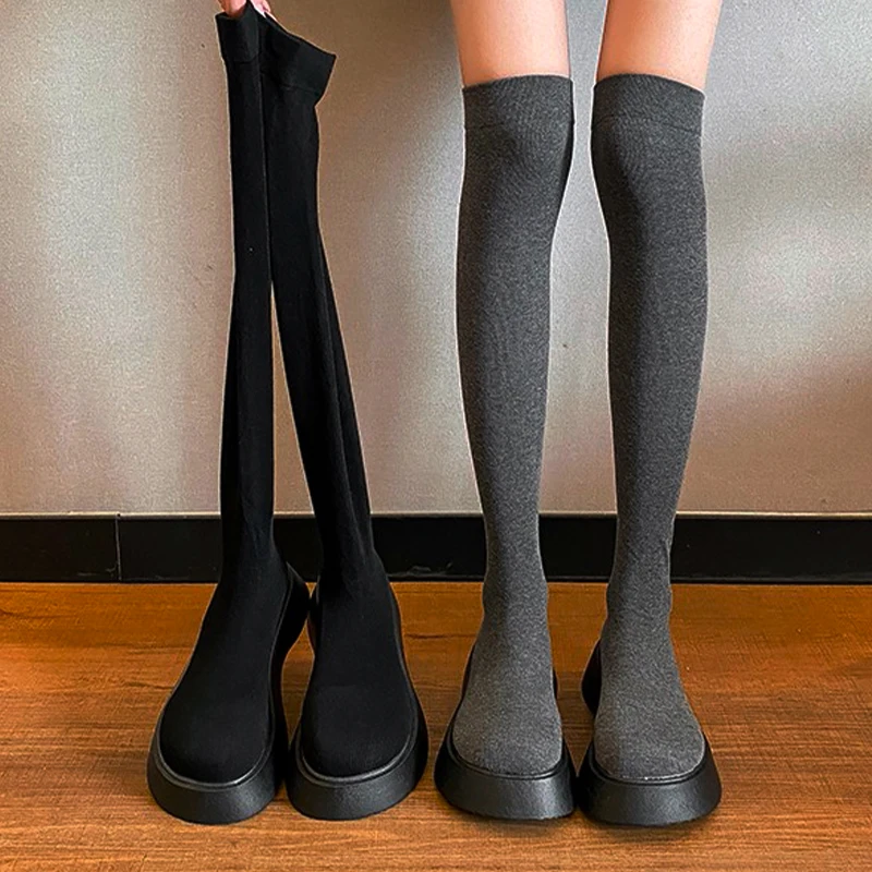Женские сапоги выше колена на высоком каблуке новинка зимнего сезона 2021 вязаная