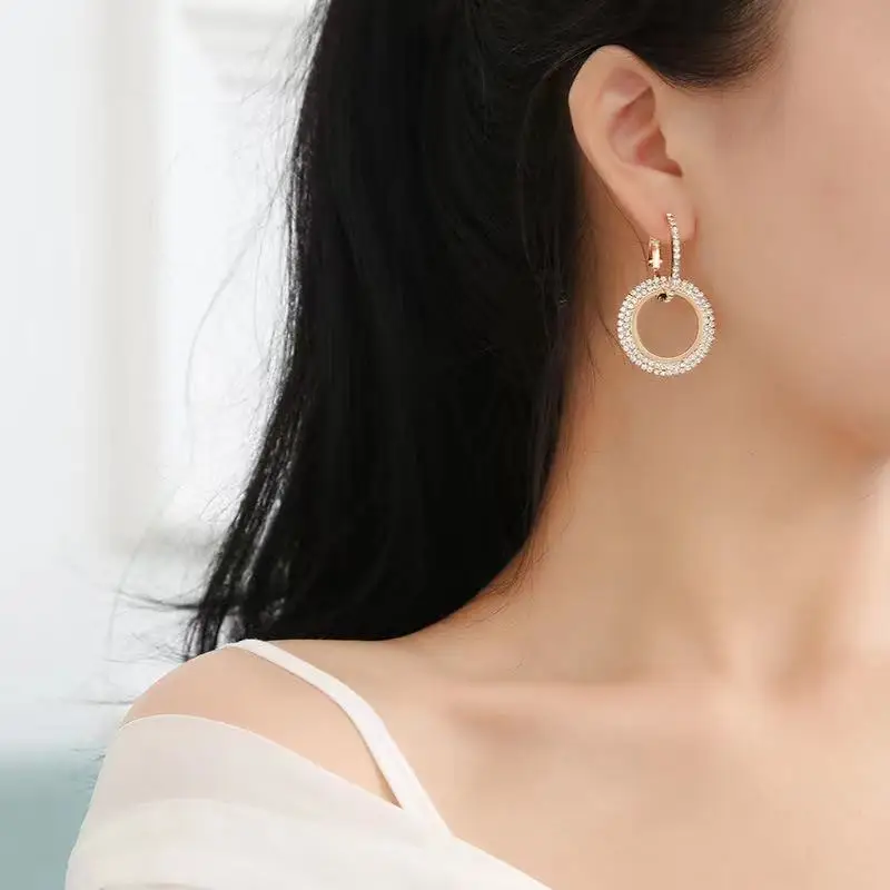 

Fashion rose gold women's geometric zircon earrings metal big circle diamond crystal drop earrings party gift