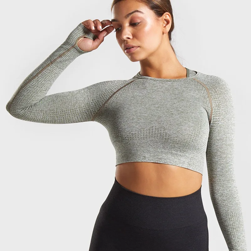 Футболка с длинным рукавом для йоги бесшовная быстросохнущая куртка фитнеса