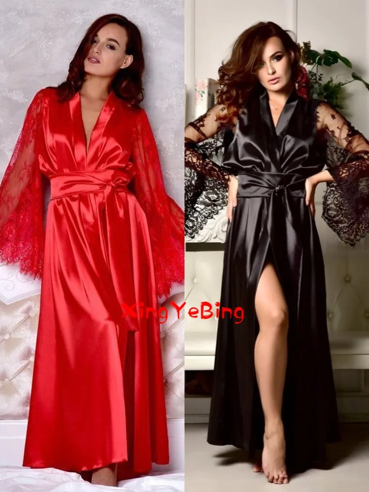 

Ladies Sexy Imitation Ice Silk Large Size Pajamas Lace Comfortable Nightdress Spring, Summer And Autumn Home Clothing