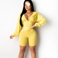 ueteey 2020 women sports suit fashion casual long sleeve hooded sweatshirt and shorts 2 piece set solid color outfit clothes