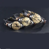 12 constellation woven leather bracelet for women men vintage punk braided bracelets anti fatigue alloy jewelry gift wholesale