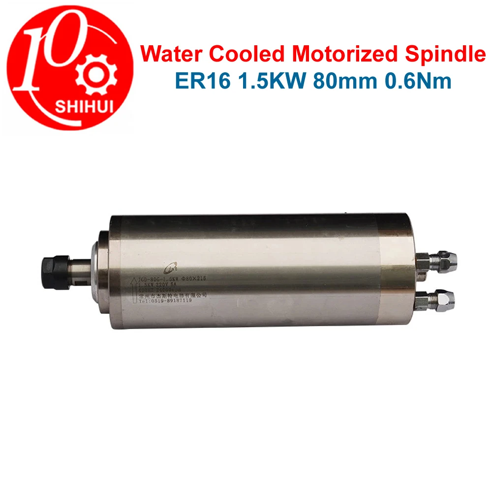

Water Cooled Spindle Motor 1.5KW ER16 80mm 220V 0.6Nm 24000rpm For CNC Kit Engraving Machine Tool Woodworking Laser Marking