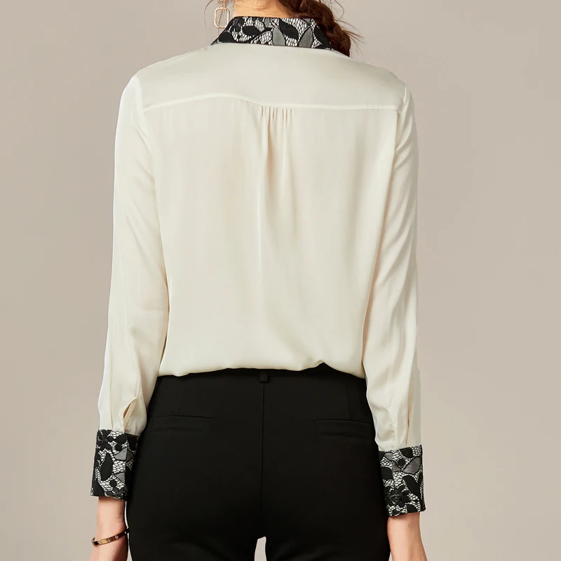 

92%Silk 8% Spandex Women's Shirts Turn Down Collar Long Sleeves Lace Patchwork Elegant Blouse Camisa Tops