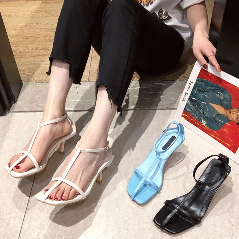

2020 Summer New Ankle Strap Heels Female Sexy Narrow Band Sandal Women Sandals Shoes Open Toe Chunky Med Heel Party Dress Shoes