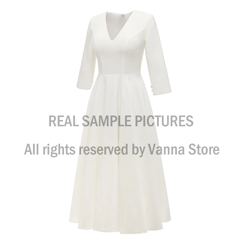 Simple Satin Bridal Gown Ankle Length Wedding Party V Neck 3/4 Sleeves 2020 Cheap Plain Bridesmaid Gown Real Sample Photo 2059#