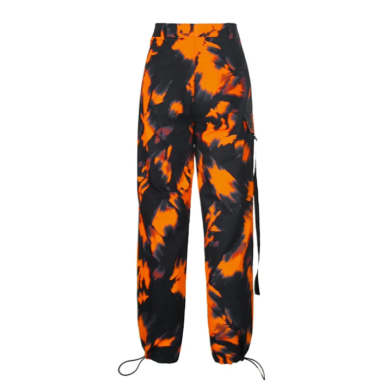 

2021 Women Cargo Pants Loose Tie Dye Print Straight Pocket Button Up Wide Leg Trousers Casual Basic Ladies Clothing