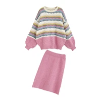 h sa 2021 women sweater and jumpers kntting pullover and skirt pink striped knitwear 2 pieces suit loose korean pull jumpers