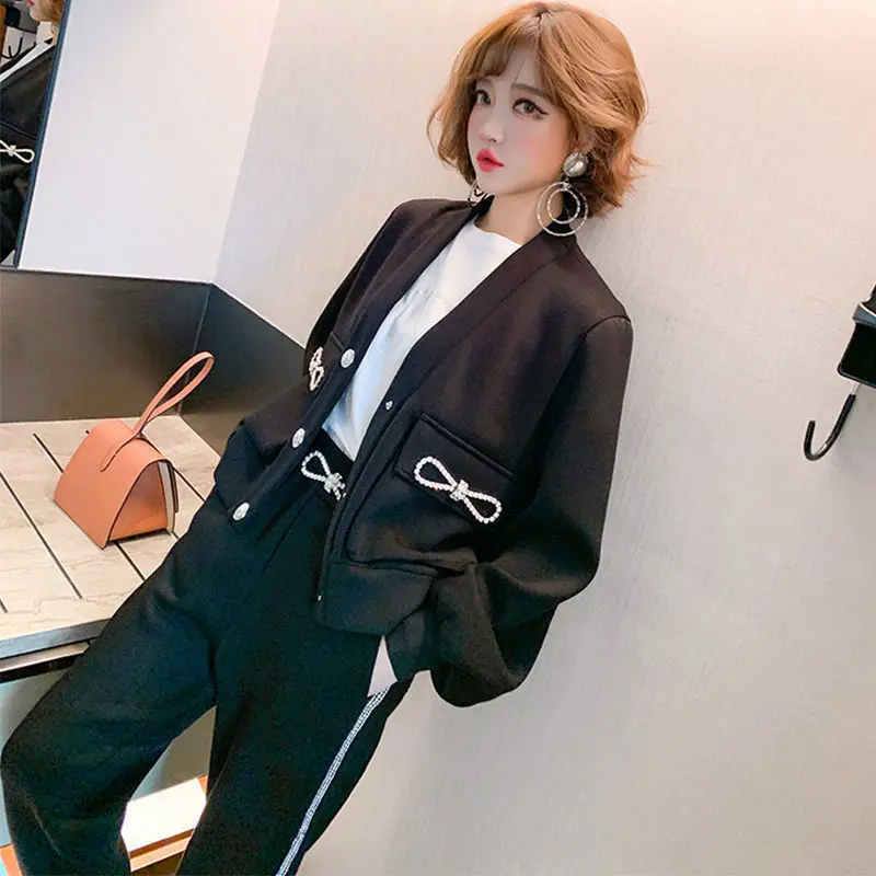 

Set Skinny autumn new single-breasted diamond bow v-collar jacket pants suit women's clothing