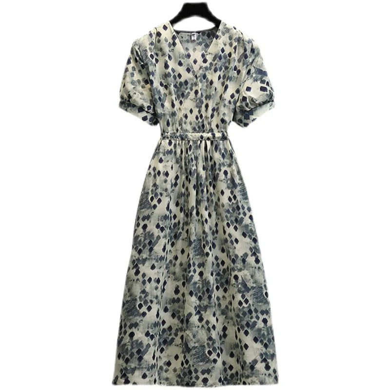 

photo 2021 summer new large women's dress fat mm fashion temperament waist down show thin Plaid short sleeve dress 9285