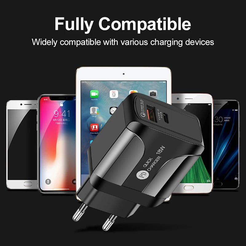 

3.0 QC PD Charger 18W EU/US Plug USB Charger ,2 IN 1 Quick ChargeType C Fast Charger Adapter for Phone Mobile Chargers
