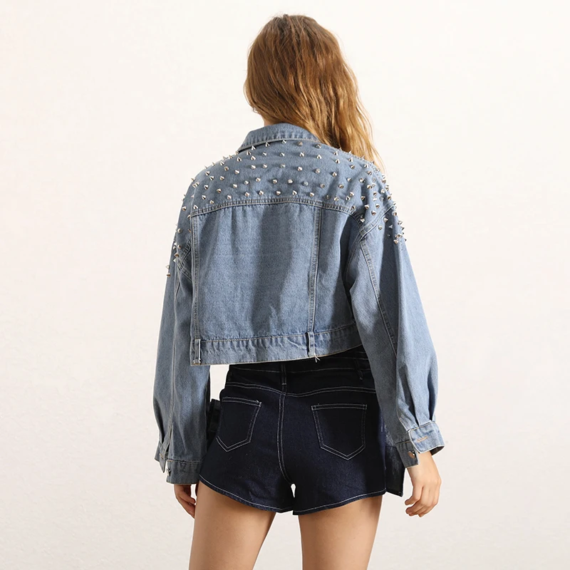 

SISPELL Patchwork Rivets Woemn's Jacket Coat Lapel Collar Long Sleeve For Female Short Denim Coats 2020 Fashion Autumn New