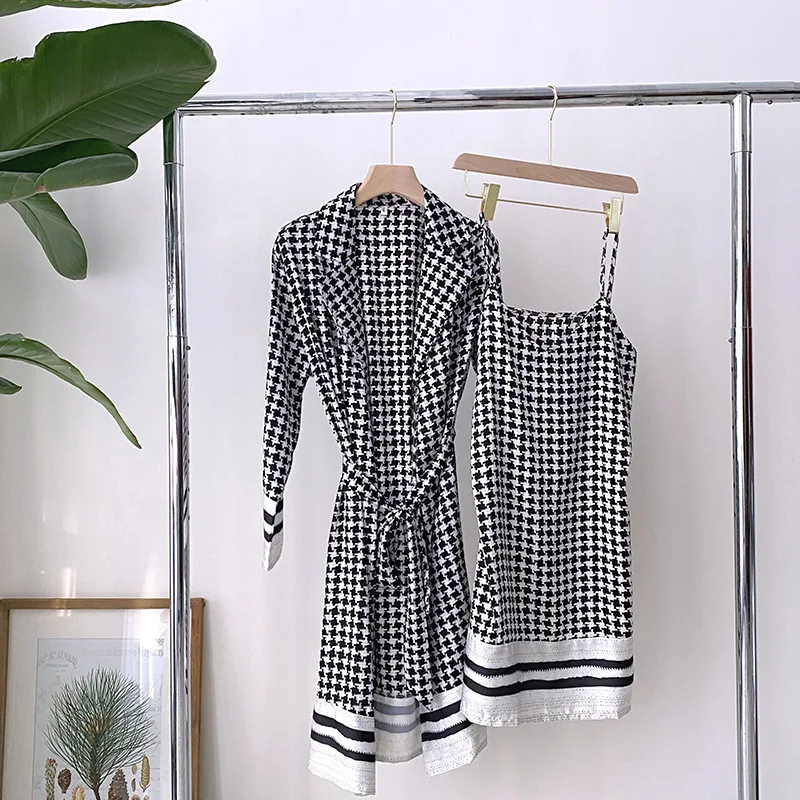 

Houndstooth Robe Kimono Gown Women Nighty&Robe Set 2PCS Sleepwear Nightgown Spring Summer Nightdress Bathrobe Silky Home Dress