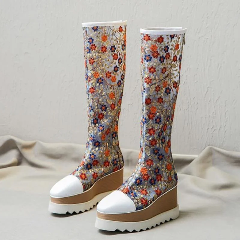 

Women Summer Platform Knee-high Fashion Mesh Wedges Women's Shoes Handmade Embroidery Motorcycle Boots