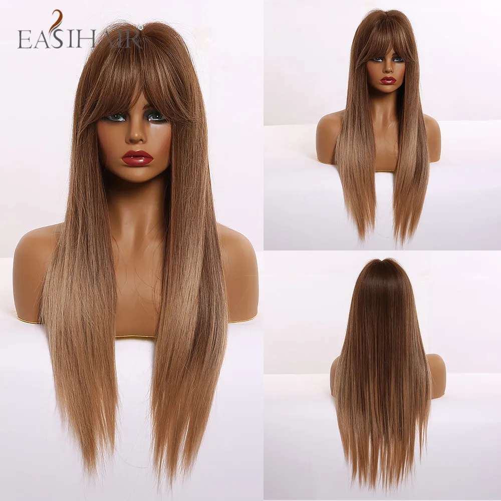 

EASIHAIR Mixed Blonde Ombre Long Silky Straight Wigs With Bangs Heat Resistant Synthetic Cosplay Wigs for Women African American