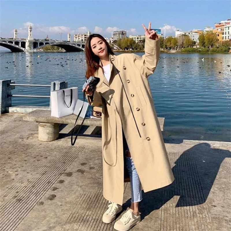 Khaki windbreaker women's trench coats mid-length 2021 spring autumn new Korean style loose British style over-the-knee clothes