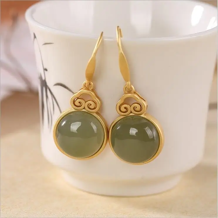 

Natural Hetian Jade round Earrings Silver Gilding Xiangyun Amethyst Gray Jade White Jade Earrings Women's Trendy Earrings Silver