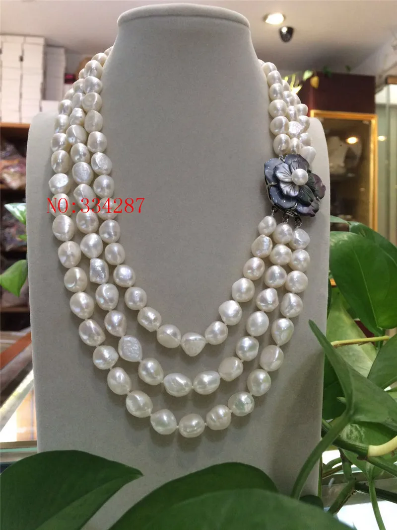 

New Elegant lady's big 3row 9-10mm baroque white freshwater pearl necklace 20"
