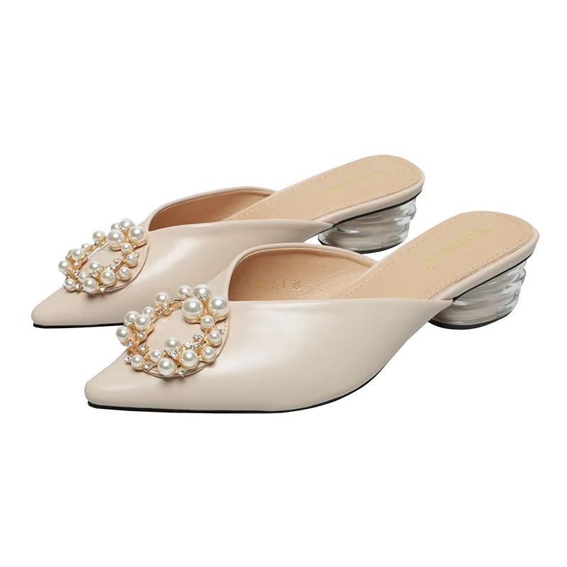 

2021 New Summer Crystal Slippers Women Pointed Fashion Pearl All-match Medium Heel 31-43 Size Slippers Women