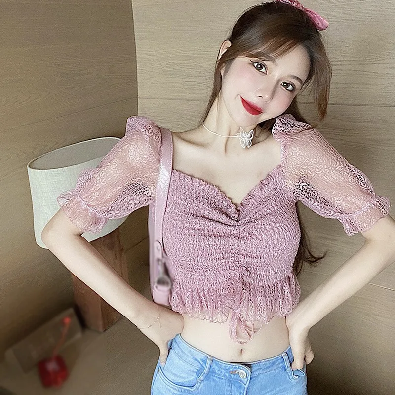 

Women's Solid Square Collar Lace Puff Sleeve Sweet Exposed NavelShort Sleeve Shirts Blouses 2020