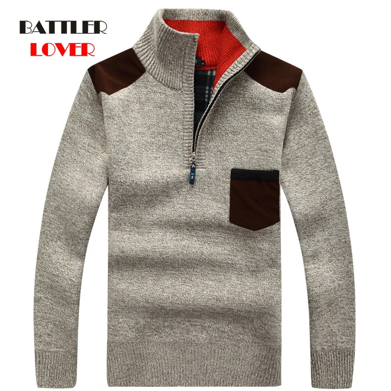 

Winter Men's Turtleneck Sweater Half Zip Fleece Knitted Wool Pullover Long Sleeve Pocket Casual Male Thick Clothing for Autumn
