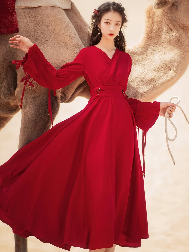 

Whcw Cgdsr Elegant Dresses Women Long Sleeve Luxury A-line Vintage High Waist Boho Party Dress 2020 Winter Runway Autumn Vestido