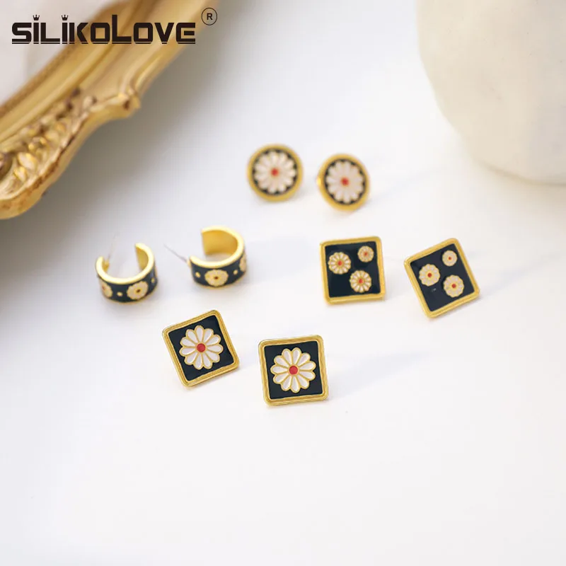 Ретро китайский стиль ромашки серьги гвоздики Женские Геометрические