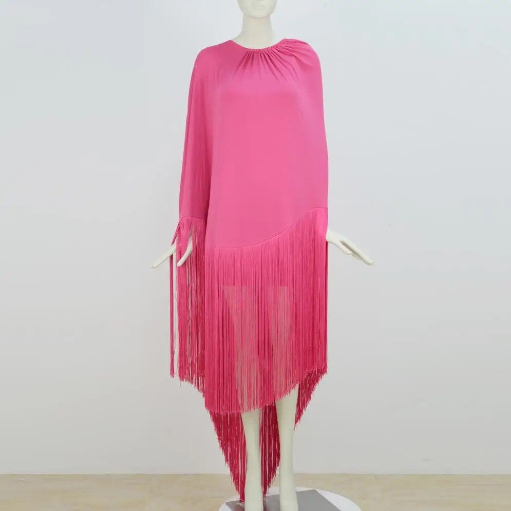 

Swtao Women Luxury Sexy Long Sleeve Cloak Tassel Hot Pink Bodycon Bandage Dress 2021 Elegant Evening Party Club Dress Vestidos