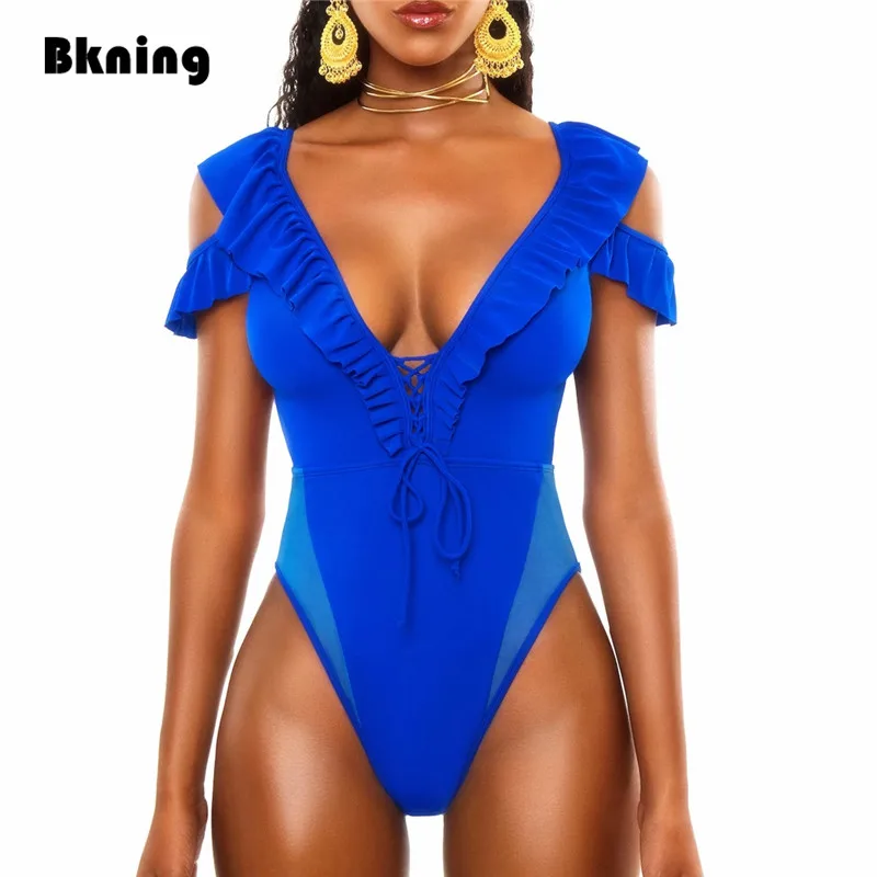 Синий купальник с оборками Женский Цельный короткими рукавами и глубоким v