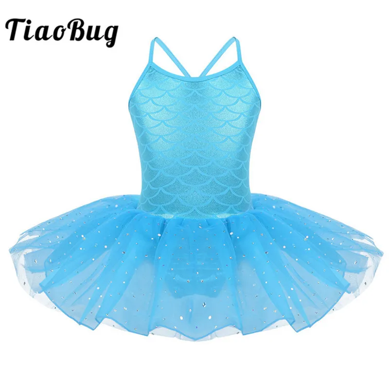 

TiaoBug Kids Sparkly Scale Pattern Mermaid Costume Gymnastics Leotard Girls Mesh Tutu Ballet Dress Ballerina Party Dance Wear