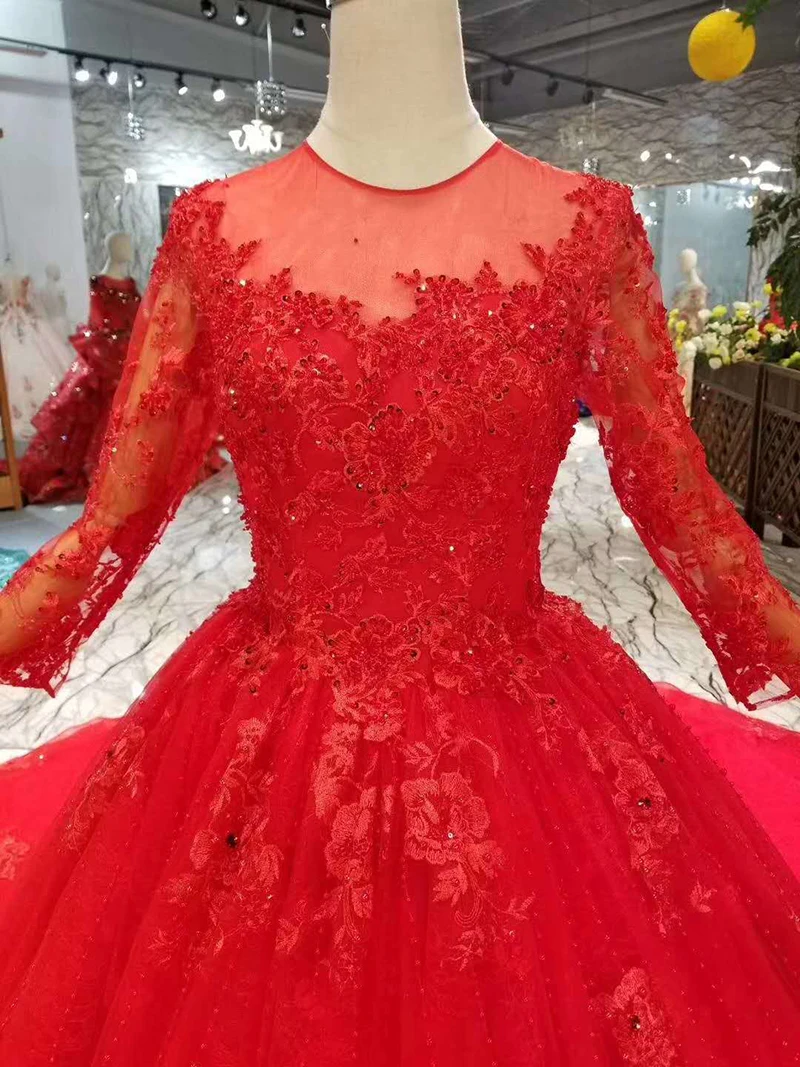 

BGW 22712ht Red Bride Evening Dresses With Train O-neck Long Sleeves Wedding Party Dresses Long Ball Gown Ladies Celebrate Dress