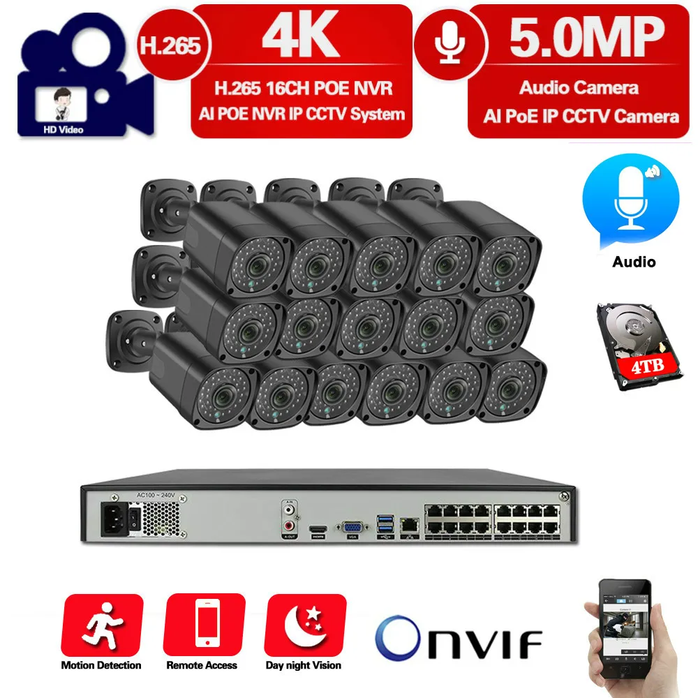 H.265 16CH 5MP 4K POE NVR Kit Ai Camera Human/Face Detection 16PCS Audio Outdoor CCTV Security IP комплект