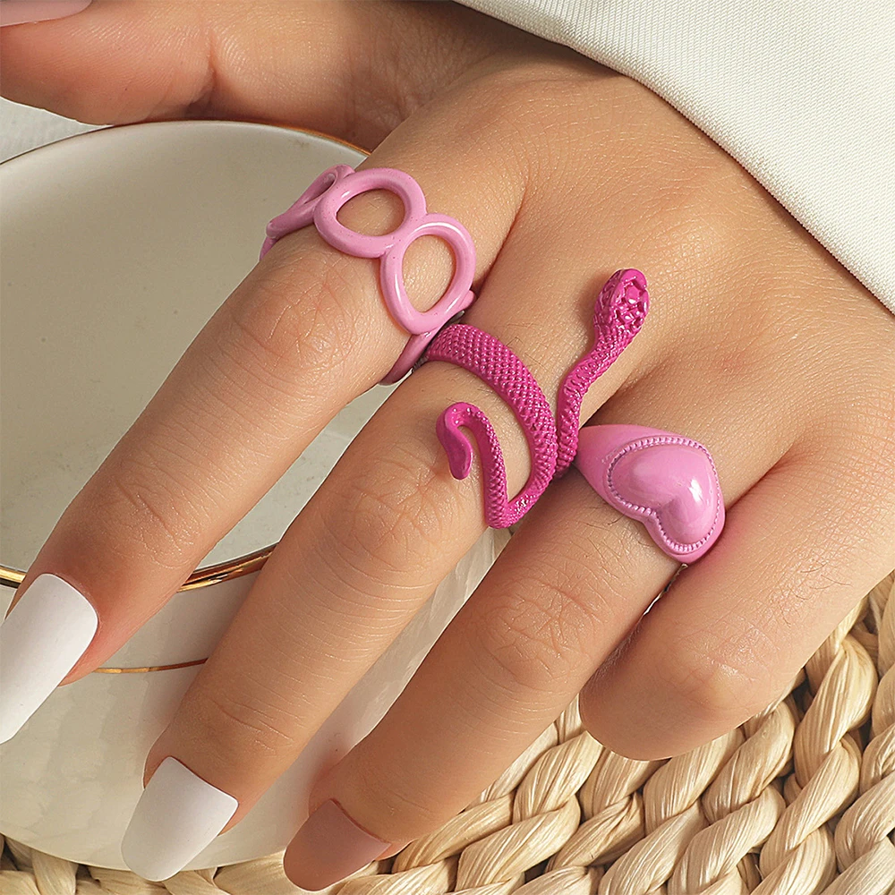 

3PCS/SET Simple Fuchsia Painting Snake Animal Adjustable Ring Irregular Geometric Twisted Ring for Women Girls Party Anillos