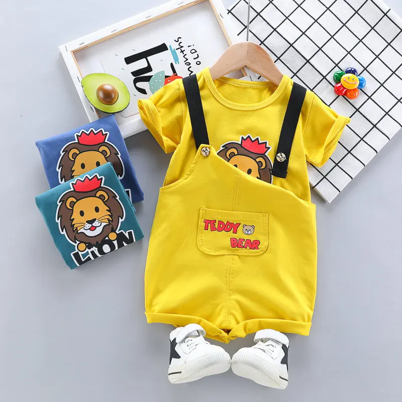 

New Summer Baby Girls Boys Clothing Sets Toddler Infant Cartoon Lion Suits Kids Stripe T Shirt Cartoon Bib Strap Shorts Children