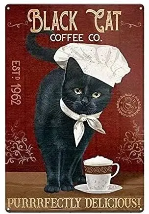 

Metal Tin Sign Fun Decorative Wall Art Black Cat Coffee Company Decoration Bar Living Room Bathroom Bedroom Garage Decoration