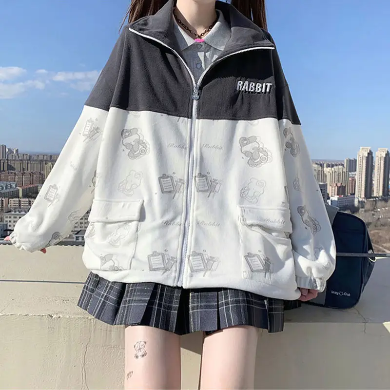 

Women Zip Up Hoodies Women Kawaii Cute Bear Print Hoodie Harajuku Sweatshirt Patchwork Short Tops Spring Autumn 2021 Aesthetic