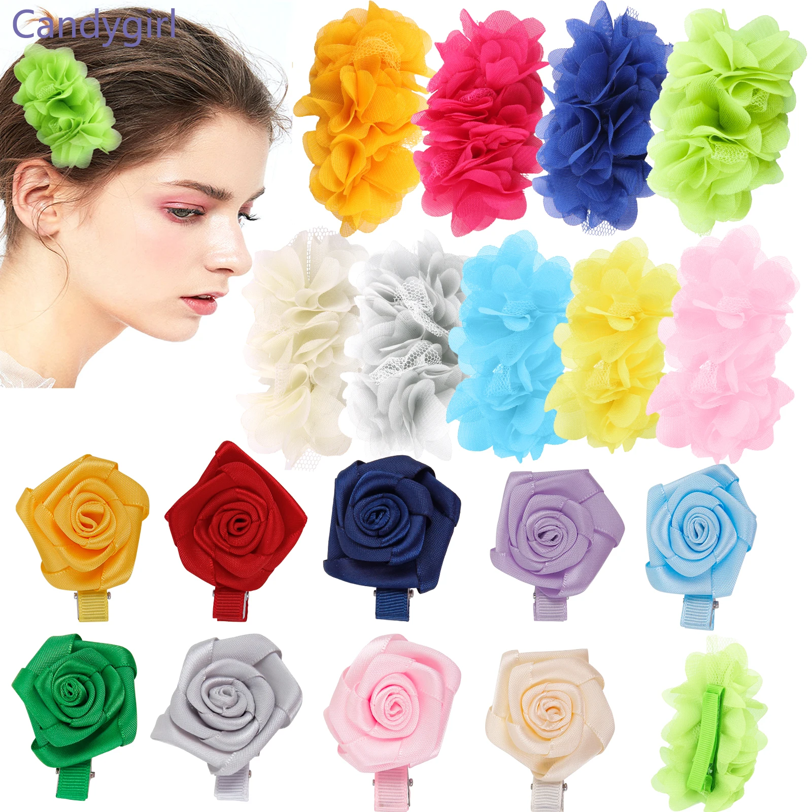 

Candygirl 2Pcs Chiffon Flowers For Kids Girls Hair Clips Rose Flower Ribbon Hairgrips Barrettes Women Fashion Hair Accessories