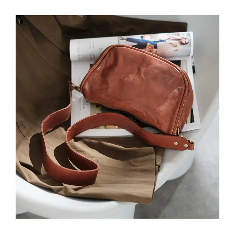 

Fashion luxury first layer cowhide lady brown wide shoulder strap saddle bag daily outdoor travel work leather messenger bag
