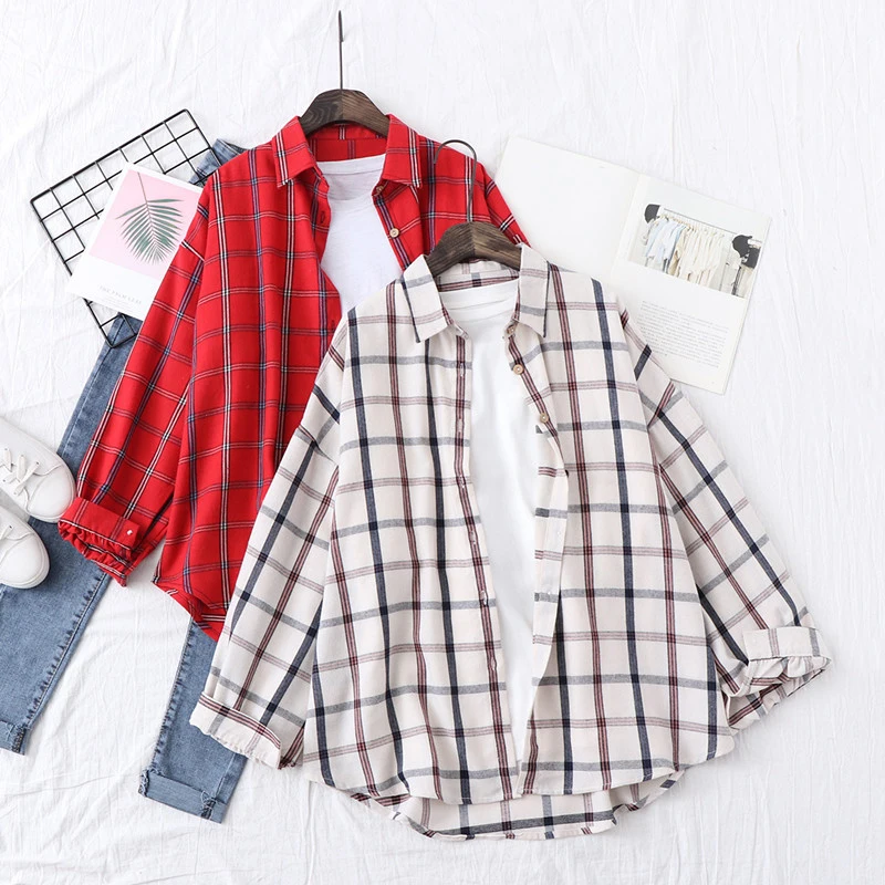 Повседневная Женская клетчатая блузка с отложным воротником женская верхняя