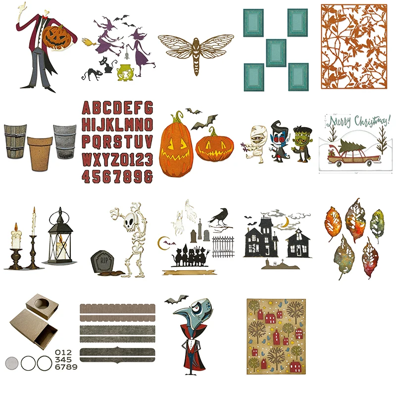 

Halloween Autumn metal cutting dies new 2021 Pumpkin Guy Witch Skull Alphabets Gift Box Decorative Embossed PaperCard Crafts Die