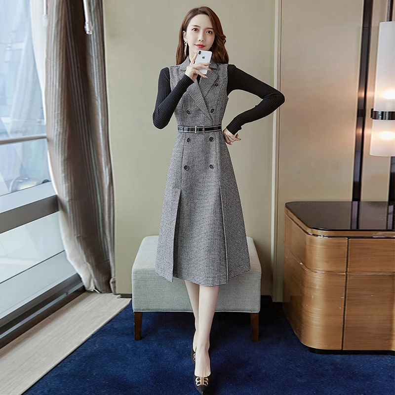 Костюм платье для женщин 2020 Весна отложной воротник элегантное клетчатое