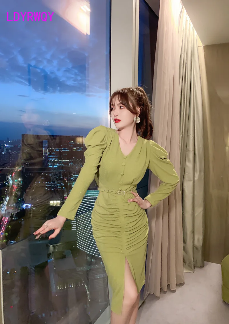 

2020 new retro Korean version Office Lady Polyester Sheath Solid Knee-Length Dress women's autumn/winter
